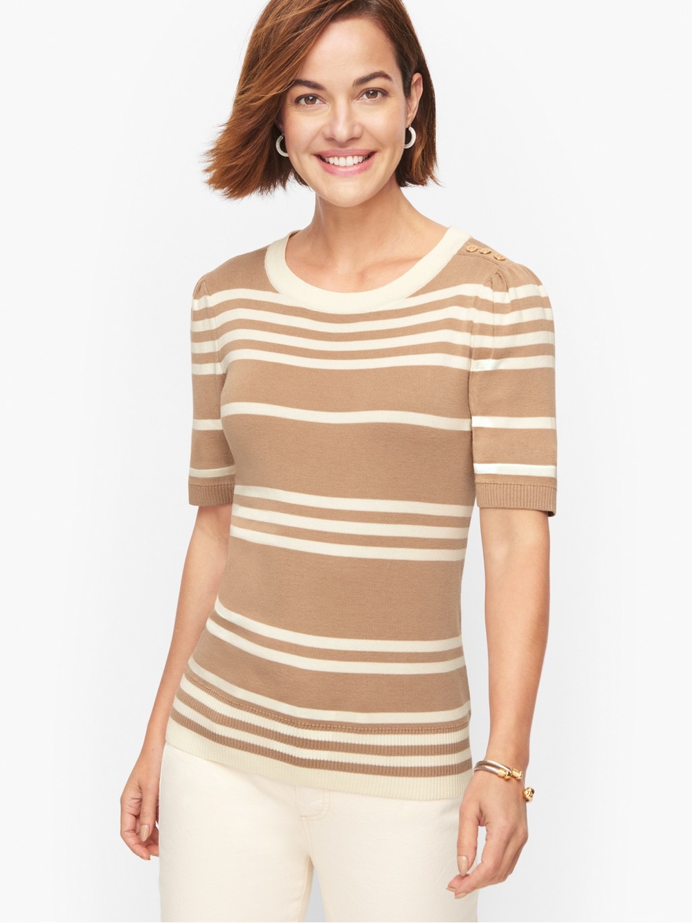 Talbots Striped Short-Sleeve Knit Top in Beige and Cream
